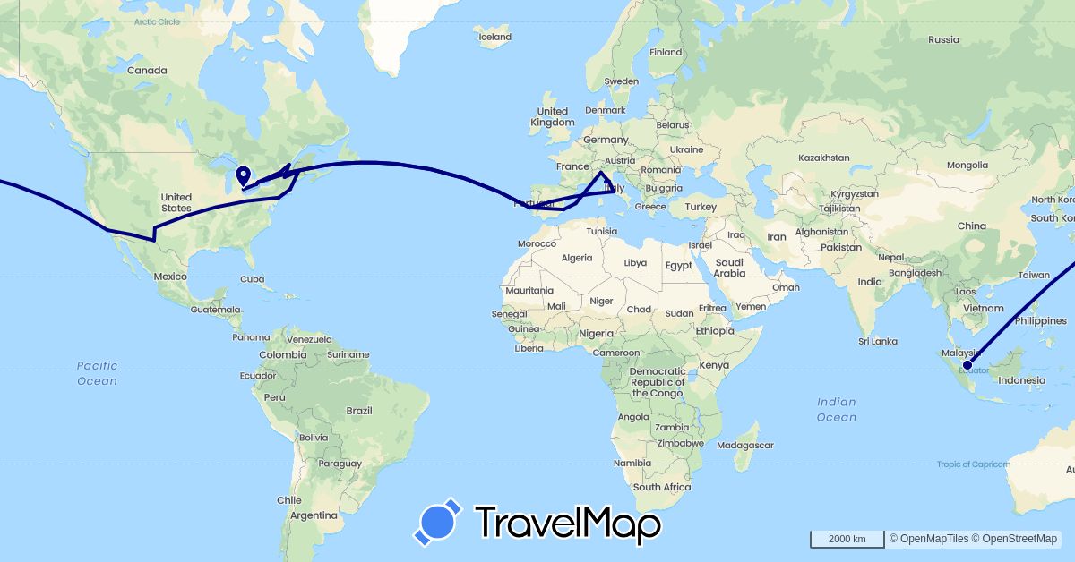 TravelMap itinerary: driving in Canada, Spain, Italy, Portugal, Singapore, United States (Asia, Europe, North America)